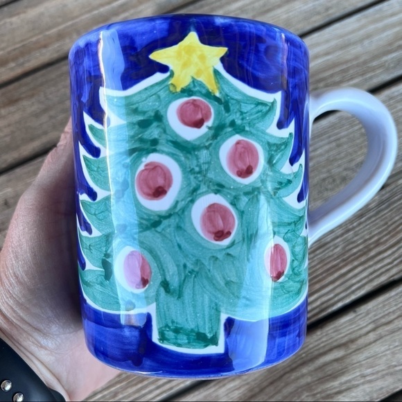 Starbucks Italy Hand Painted Christmas Tree North Star Coffee Mug Set Blue GUC - Picture 5 of 10